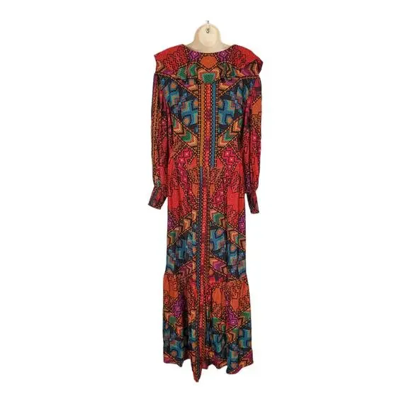 Farm Rio Yawanawa Stripes Long Sleeve Maxi Ankle Dress Red Brown Size Small New - Picture 4 of 13